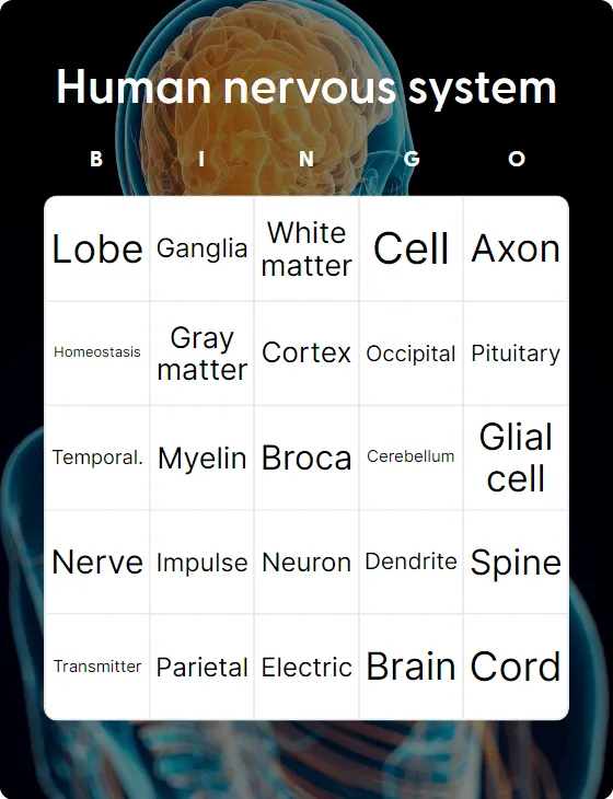 Human nervous system bingo card template