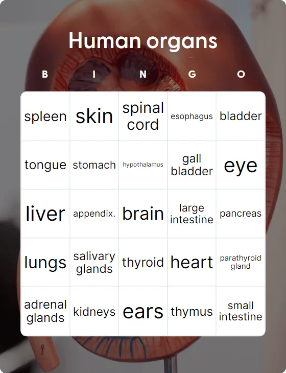 Human organs bingo card template
