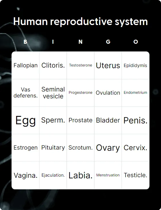 Human reproductive system bingo card template
