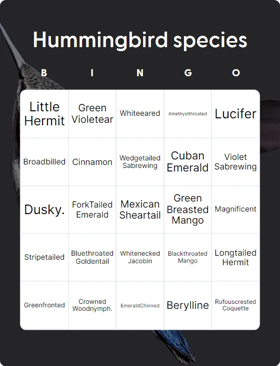 Hummingbird species bingo card