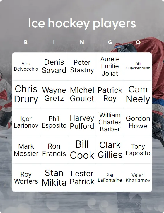 Ice hockey players bingo card