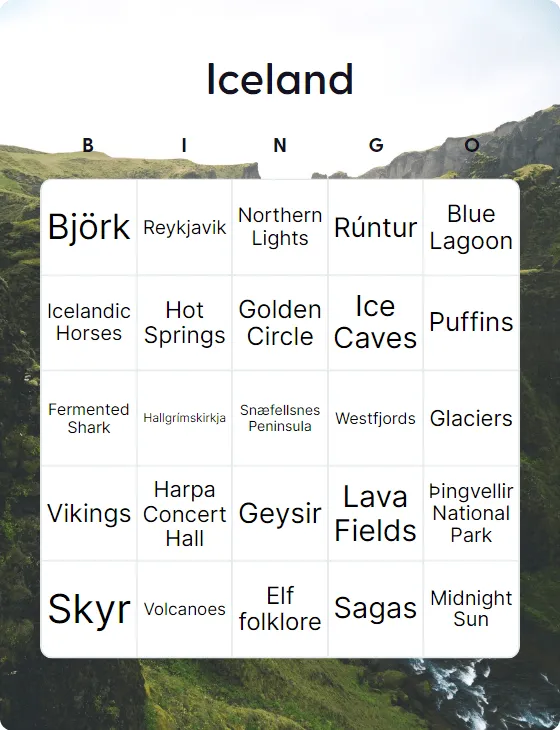 Iceland bingo card template