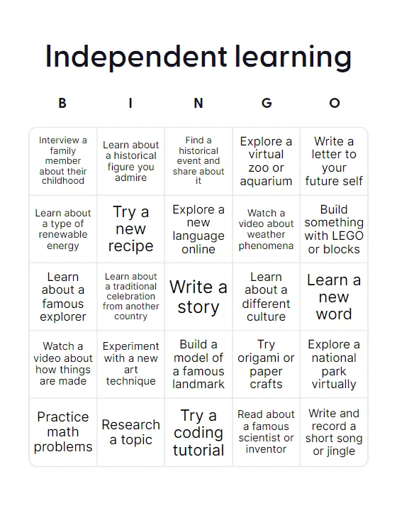 Independent learning bingo card