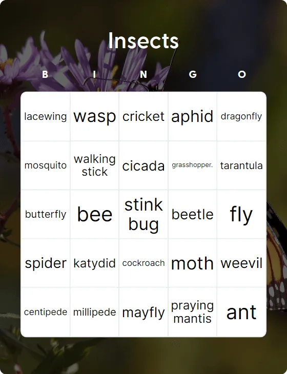 Insects bingo card template