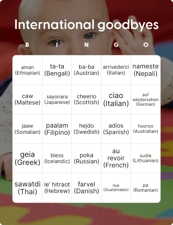 International goodbyes bingo card template
