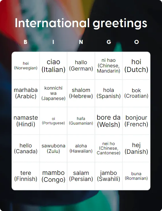 International greetings bingo card template