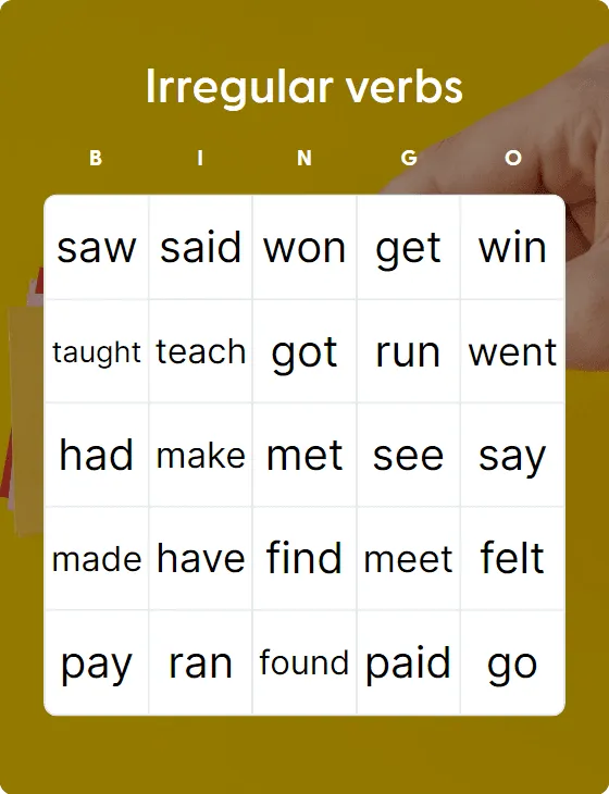 Irregular verbs bingo card template
