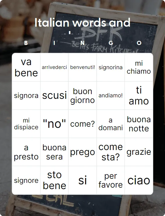Italian words and phrases bingo card