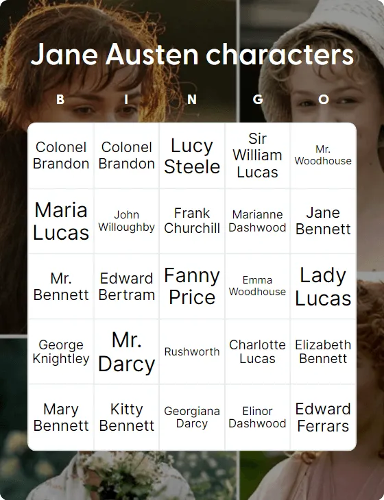 Jane Austen characters bingo card