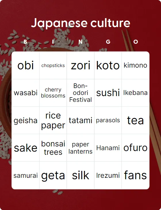 Japanese culture bingo card template