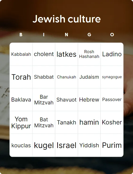 Jewish culture bingo card template