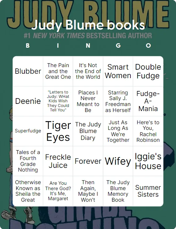 Judy Blume books bingo card template