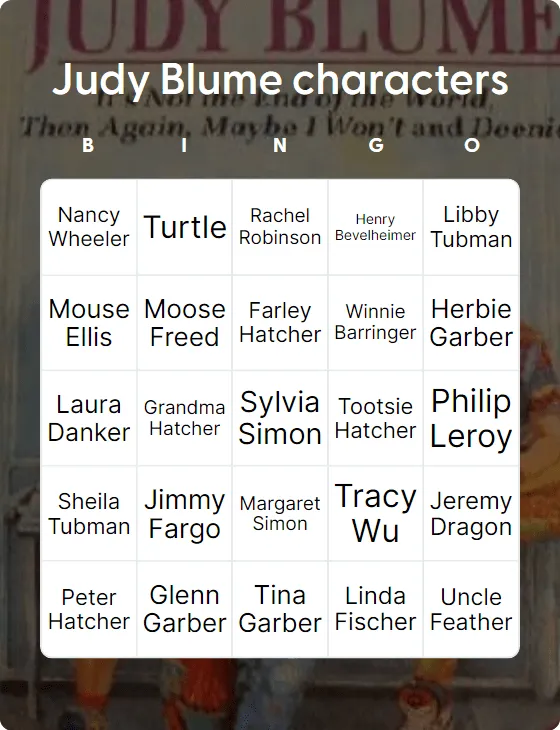 Judy Blume characters bingo card