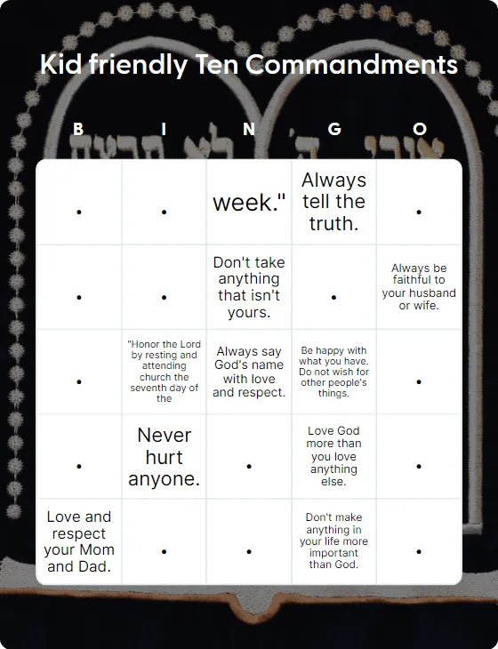 Kid friendly Ten Commandments bingo card