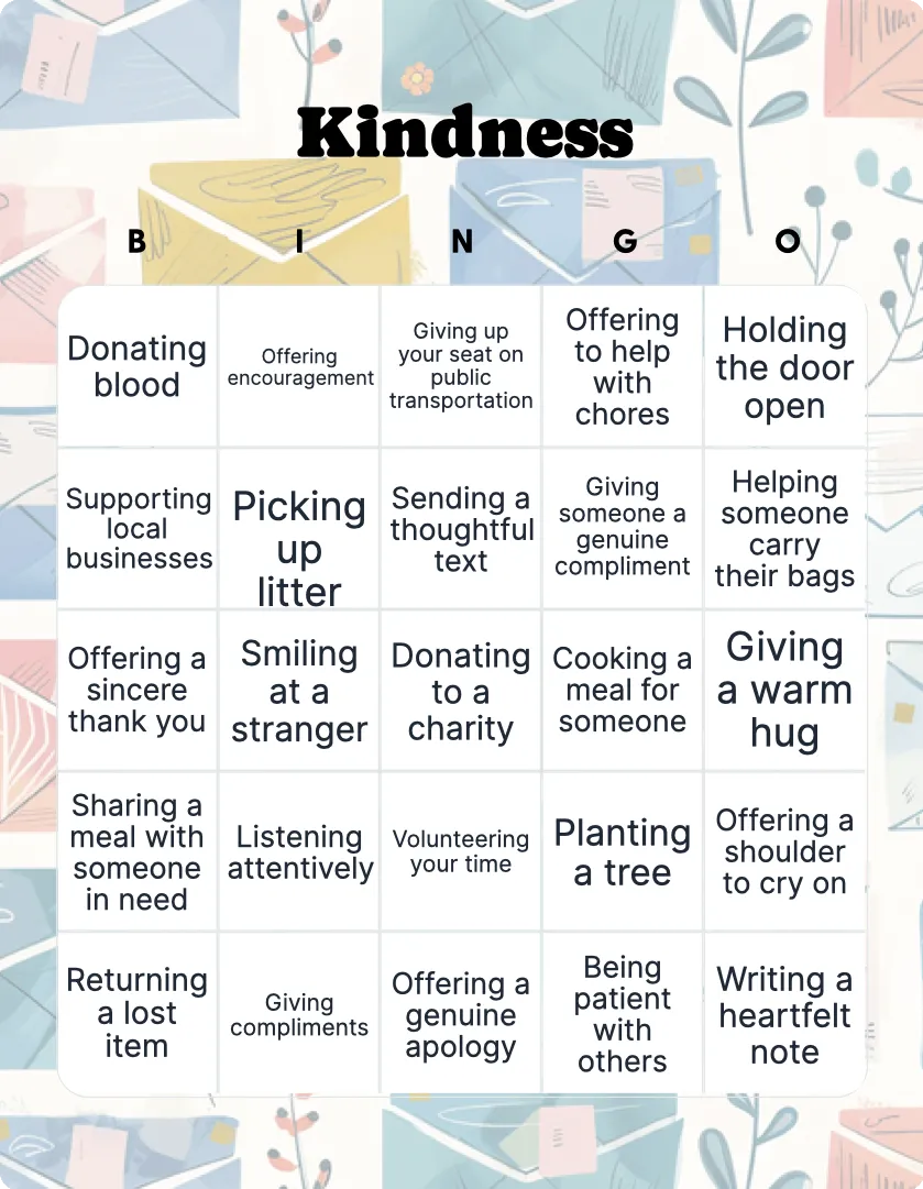 Kindness bingo card template