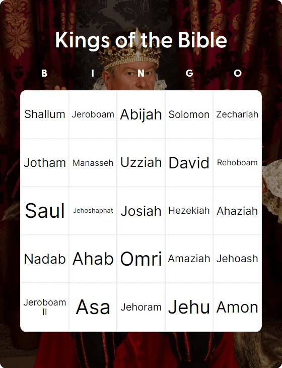 Kings of the Bible bingo card