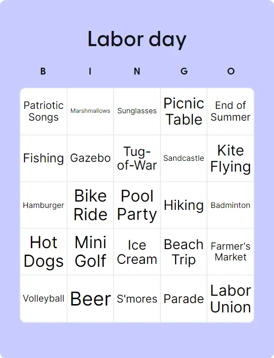 Labor day bingo card
