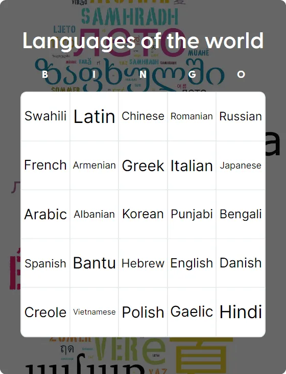 Languages of the world bingo card