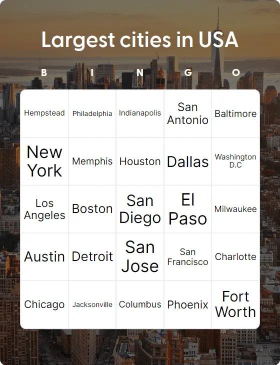 Largest cities in USA bingo card