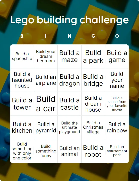 Lego building challenge bingo card
