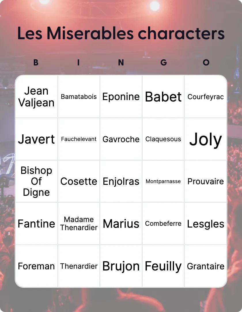 Les Miserables characters bingo card template