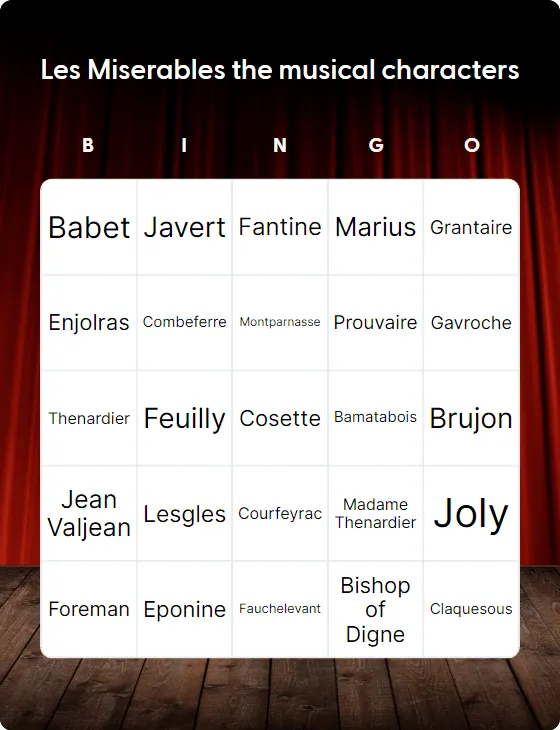 Les Miserables the musical characters bingo card