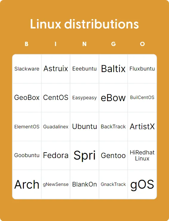 Linux distributions bingo card template