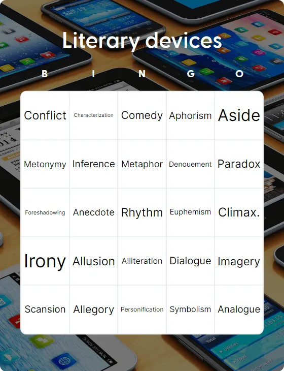 Literary devices bingo card template