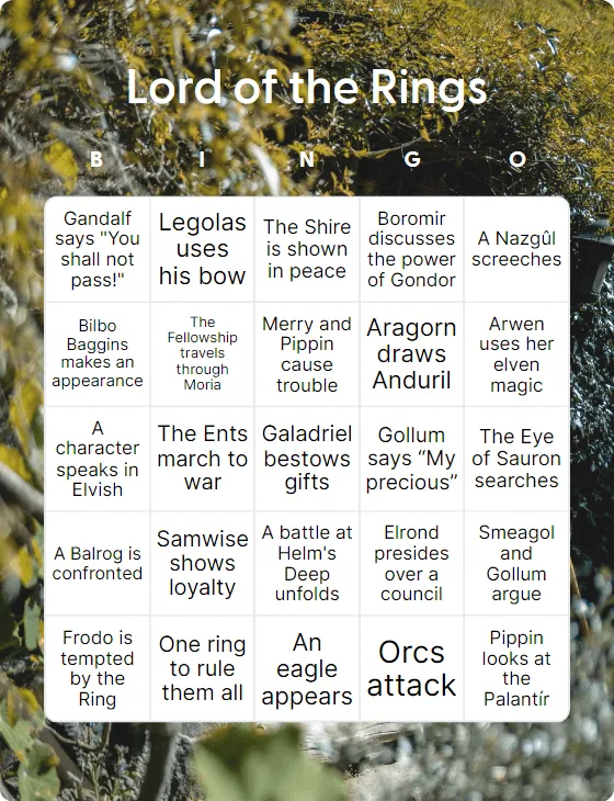 Lord of the Rings bingo card