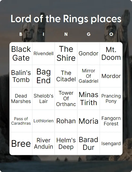 Lord of the Rings places bingo card