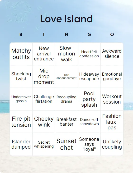 Love Island bingo card
