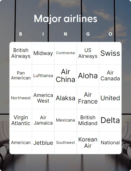 Major airlines  bingo card template