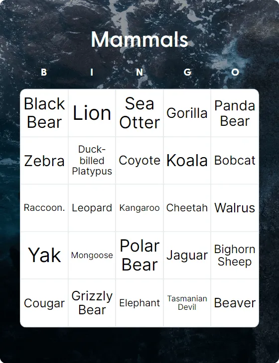 Mammals bingo card template