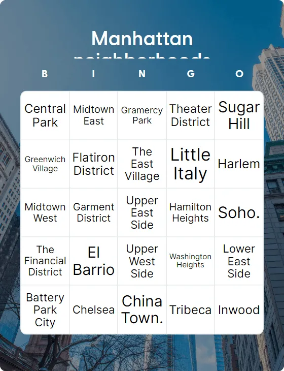 Manhattan neighborhoods bingo card