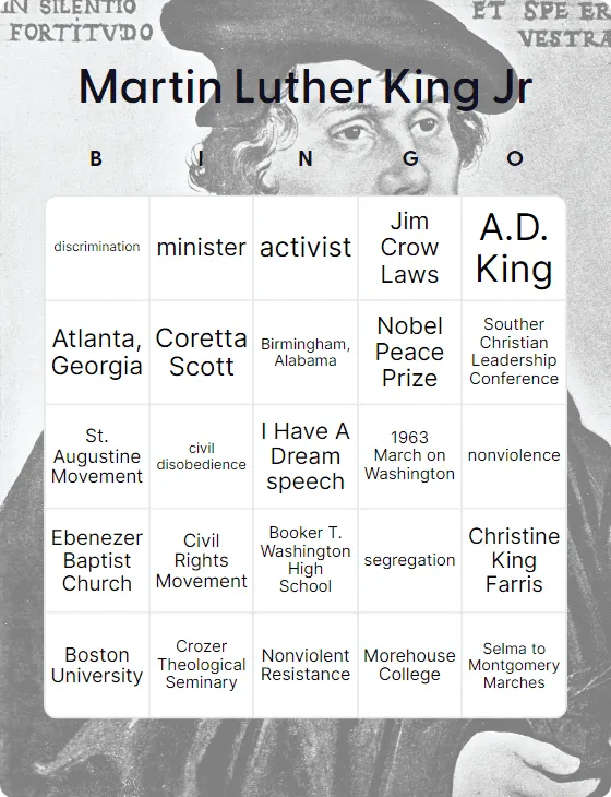 Martin Luther King Jr bingo card