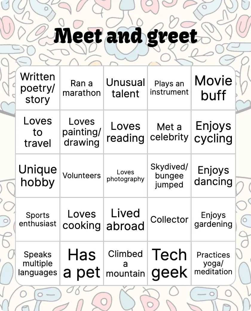 Meet and greet bingo card template