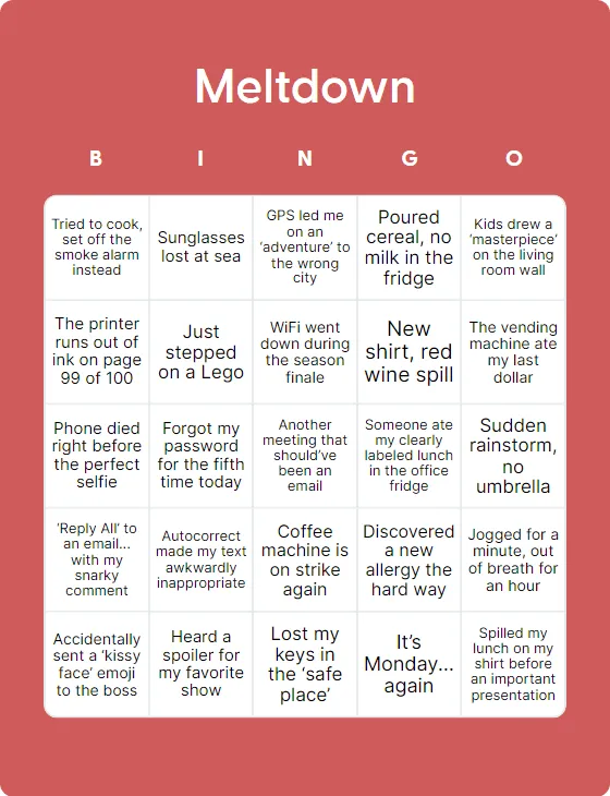 Meltdown bingo card template