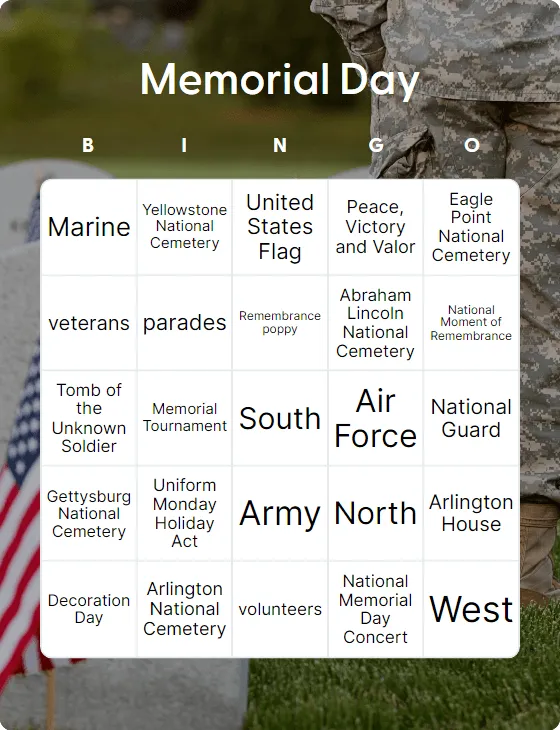 Memorial Day bingo card template