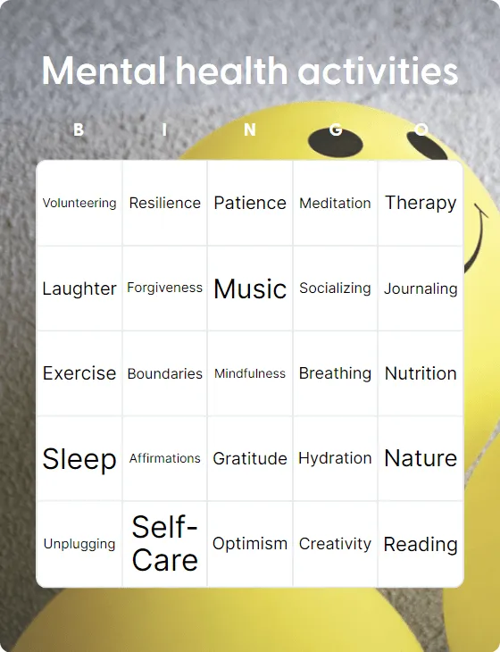 Mental health activities bingo card template