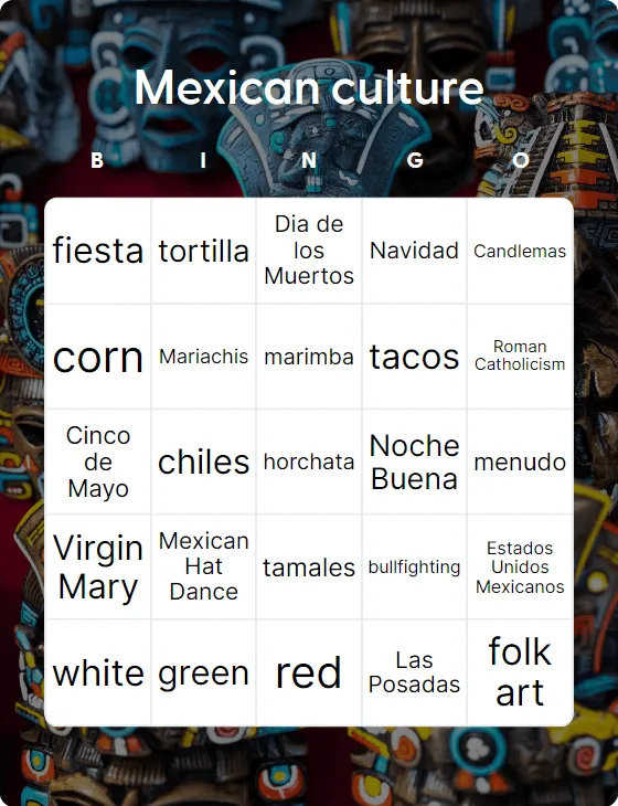 Mexican culture bingo card template