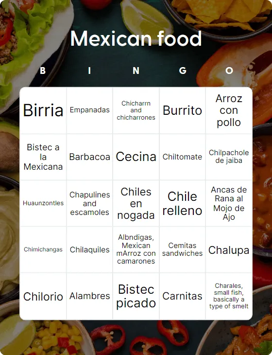 Mexican food bingo card template