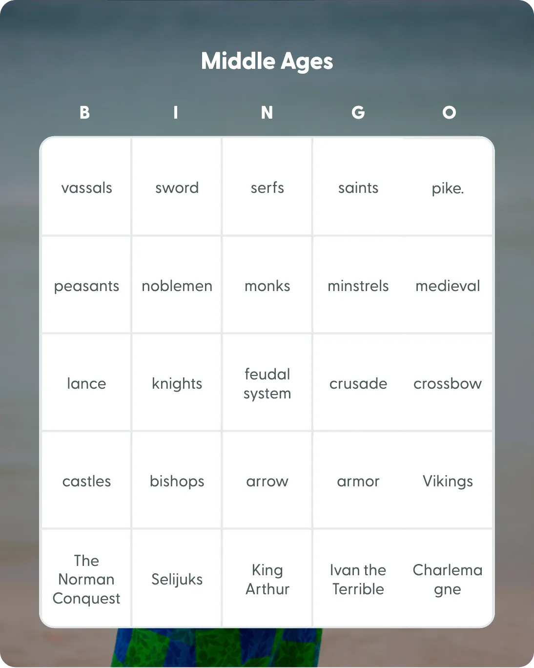 Middle Ages bingo card