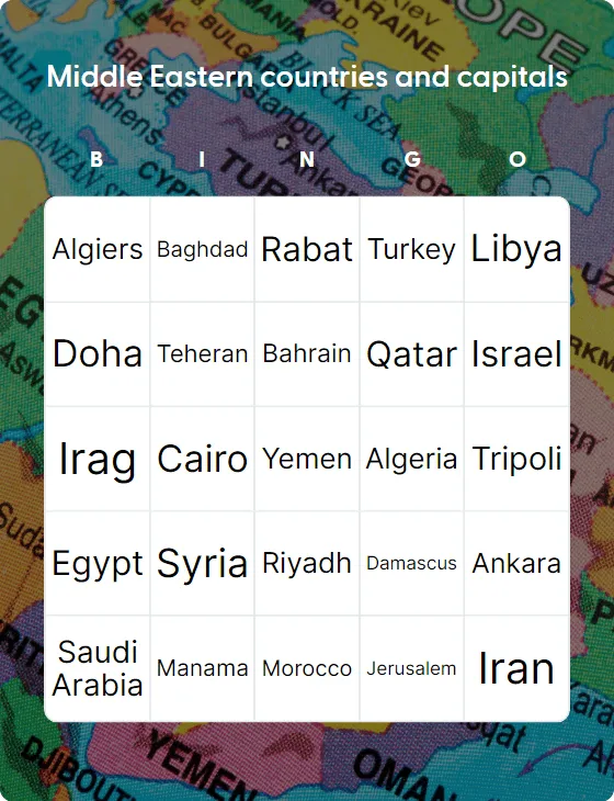 Middle Eastern countries and capitals bingo card