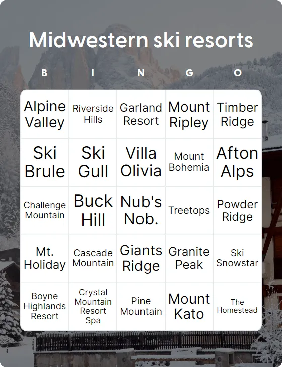 Midwestern ski resorts bingo card