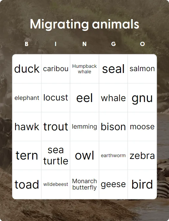 Migrating animals bingo card template