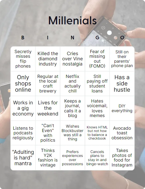 Millenials bingo card template