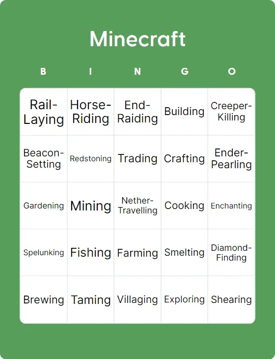 Minecraft bingo card