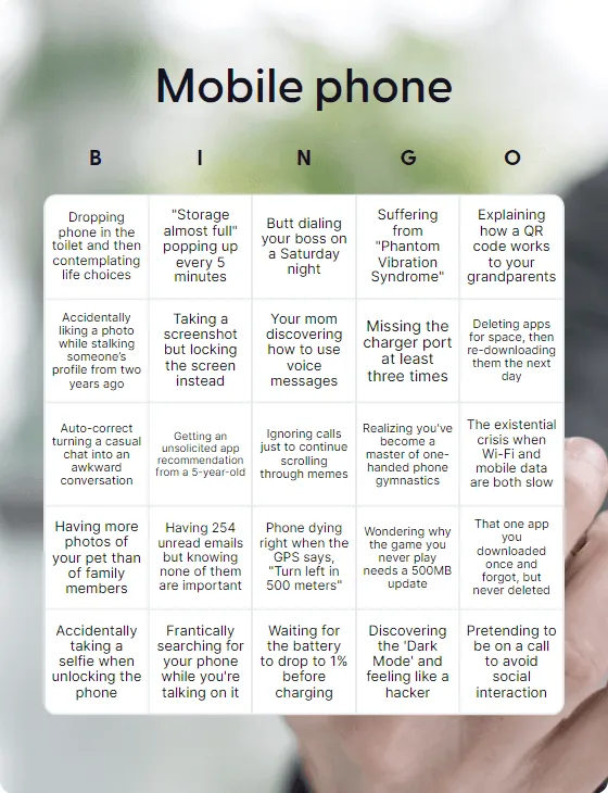 Mobile phone bingo card template
