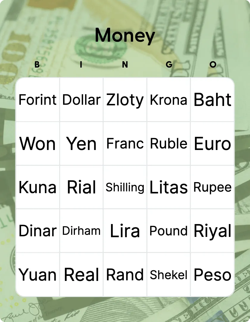 Money bingo card template