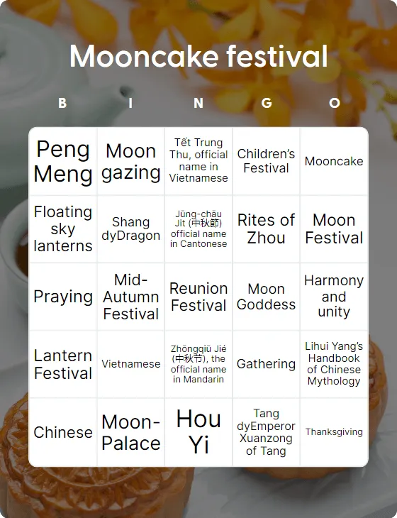 Mooncake festival bingo card